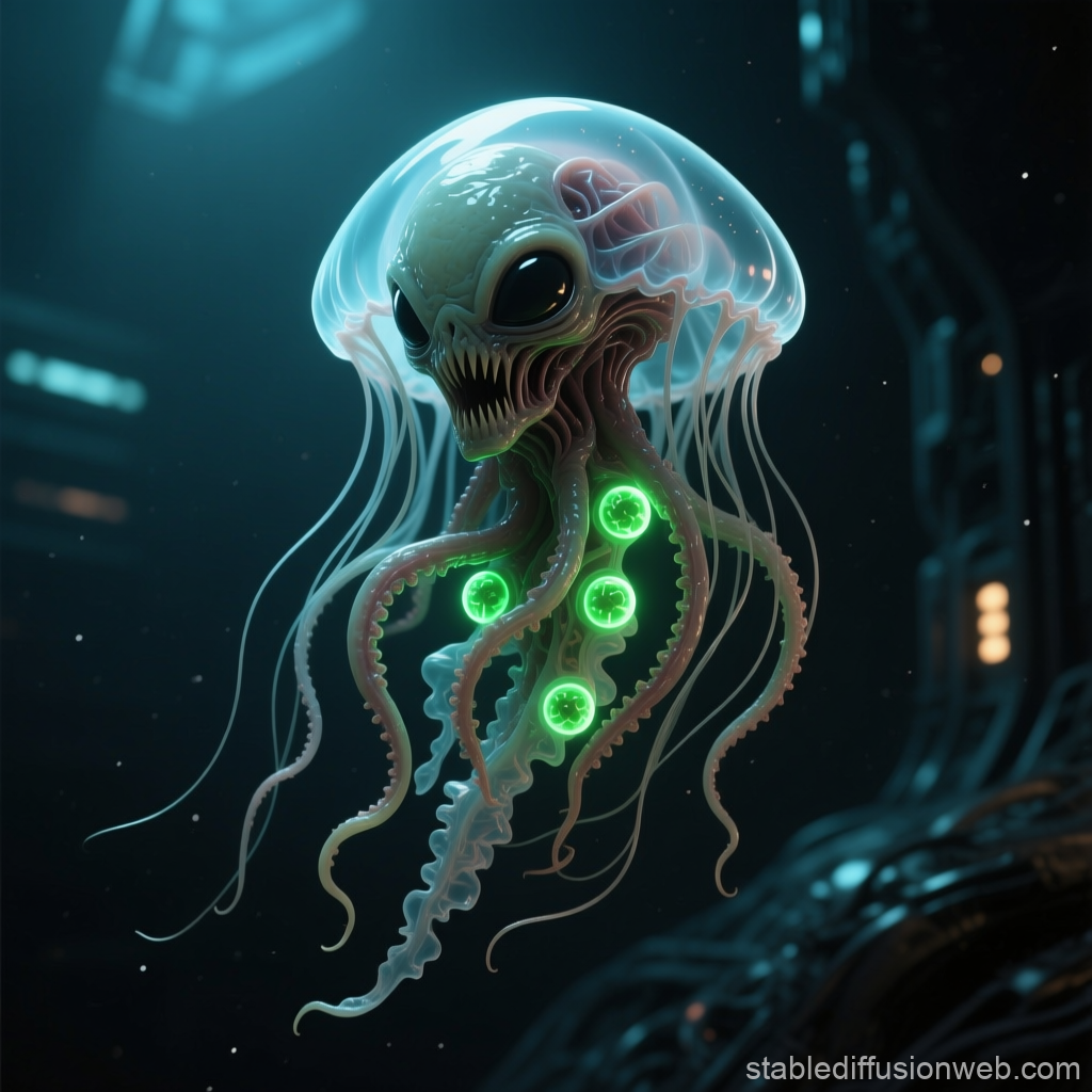 Floating Alien Horror Creature with Bioluminescent Orbs