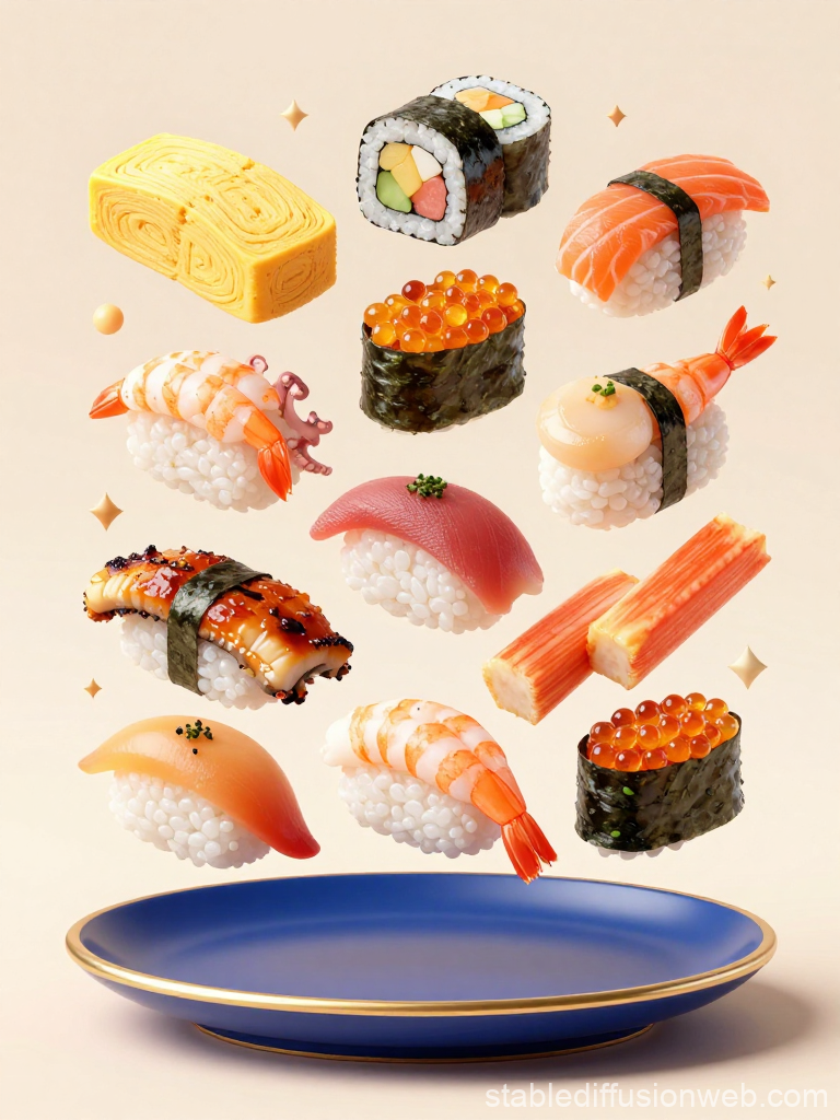 Floating Assortment of Sushi Pieces Above Blue Plate