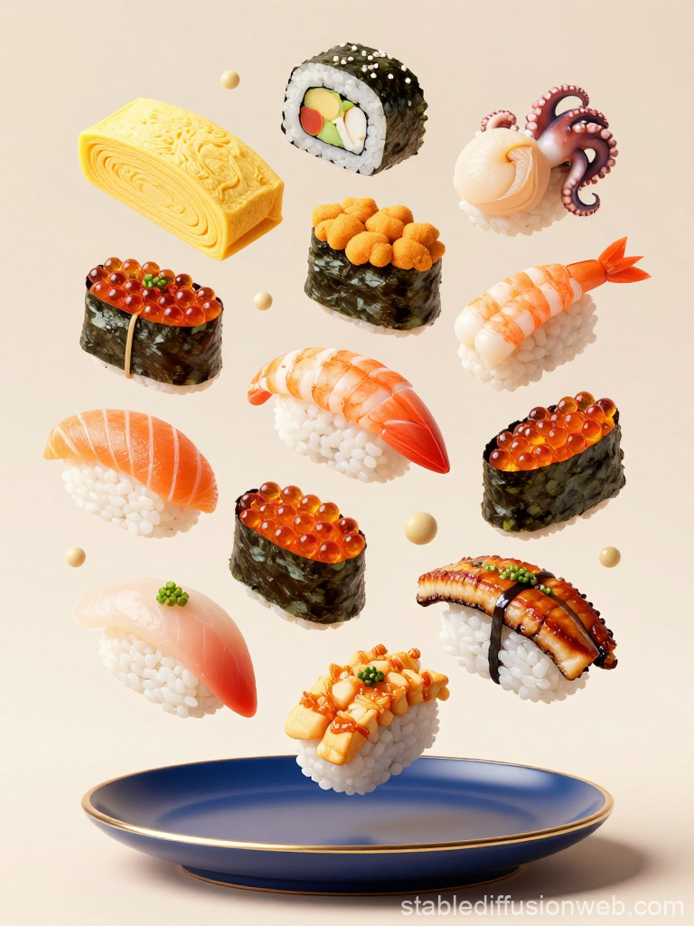 Floating Assortment of Sushi Pieces Above Blue Plate