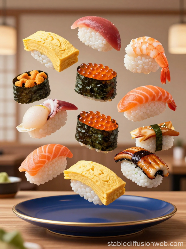 Floating Assortment of Sushi Pieces Over Plate