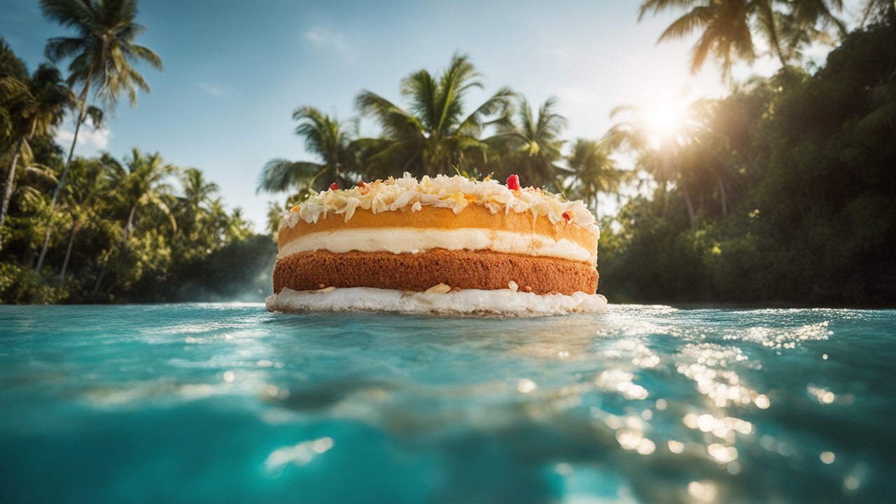 Floating Cake on Tropical Water with Clear Sky
