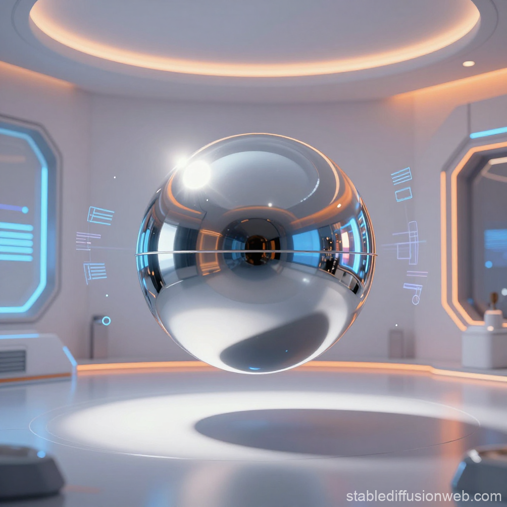 Floating Chrome Sphere in Futuristic Room