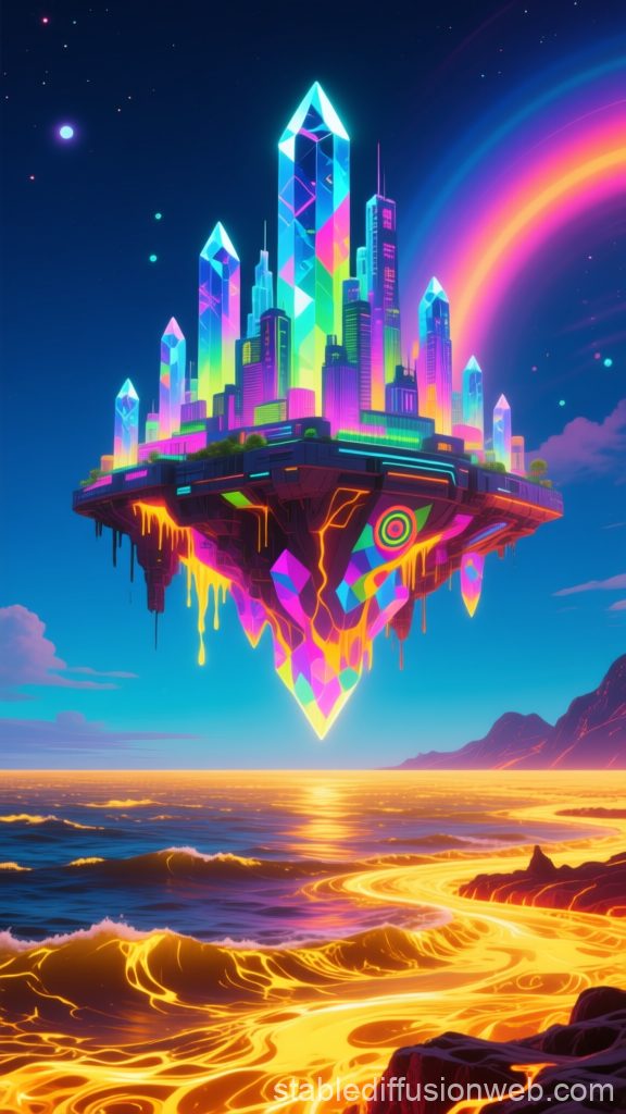 Floating Crystal City Above Molten Lava Ocean