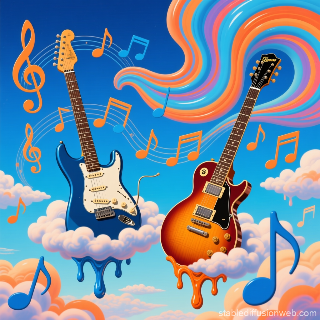Floating Electric Guitars with Musical Notes in a Dreamy Sky