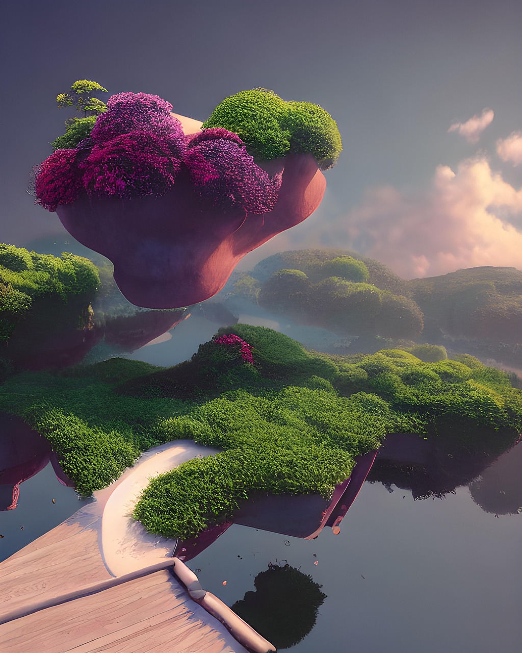 Floating Fantasy Island with Lush Greenery and Vibrant Trees