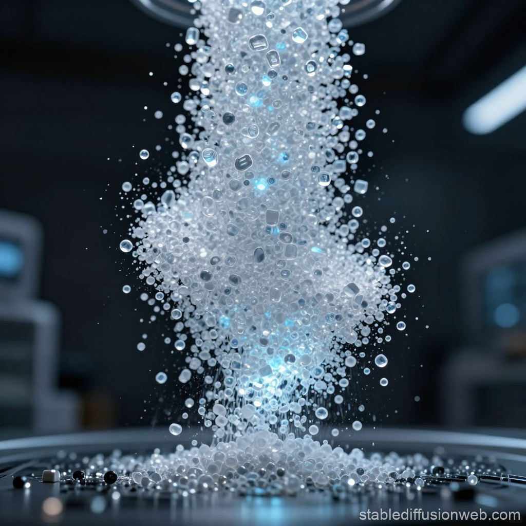 Floating Glowing Polymer Particles in a Futuristic Lab