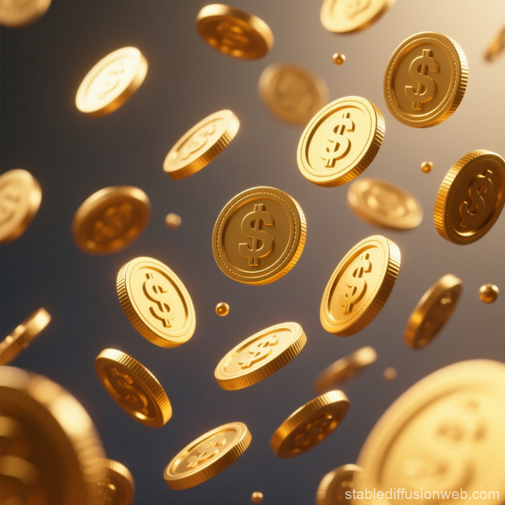Floating Gold Coins with Dollar Signs in 3D Render
