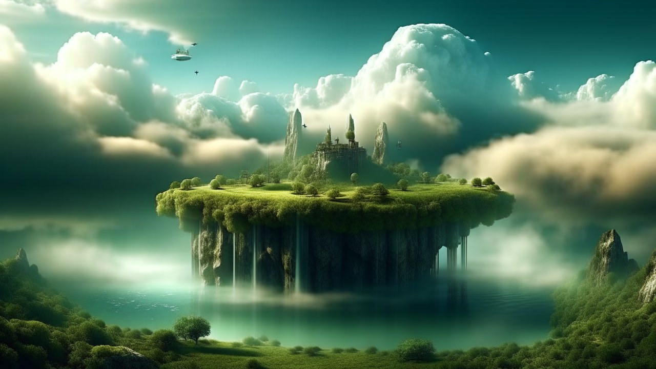 Floating Island with Waterfalls Amidst Clouds