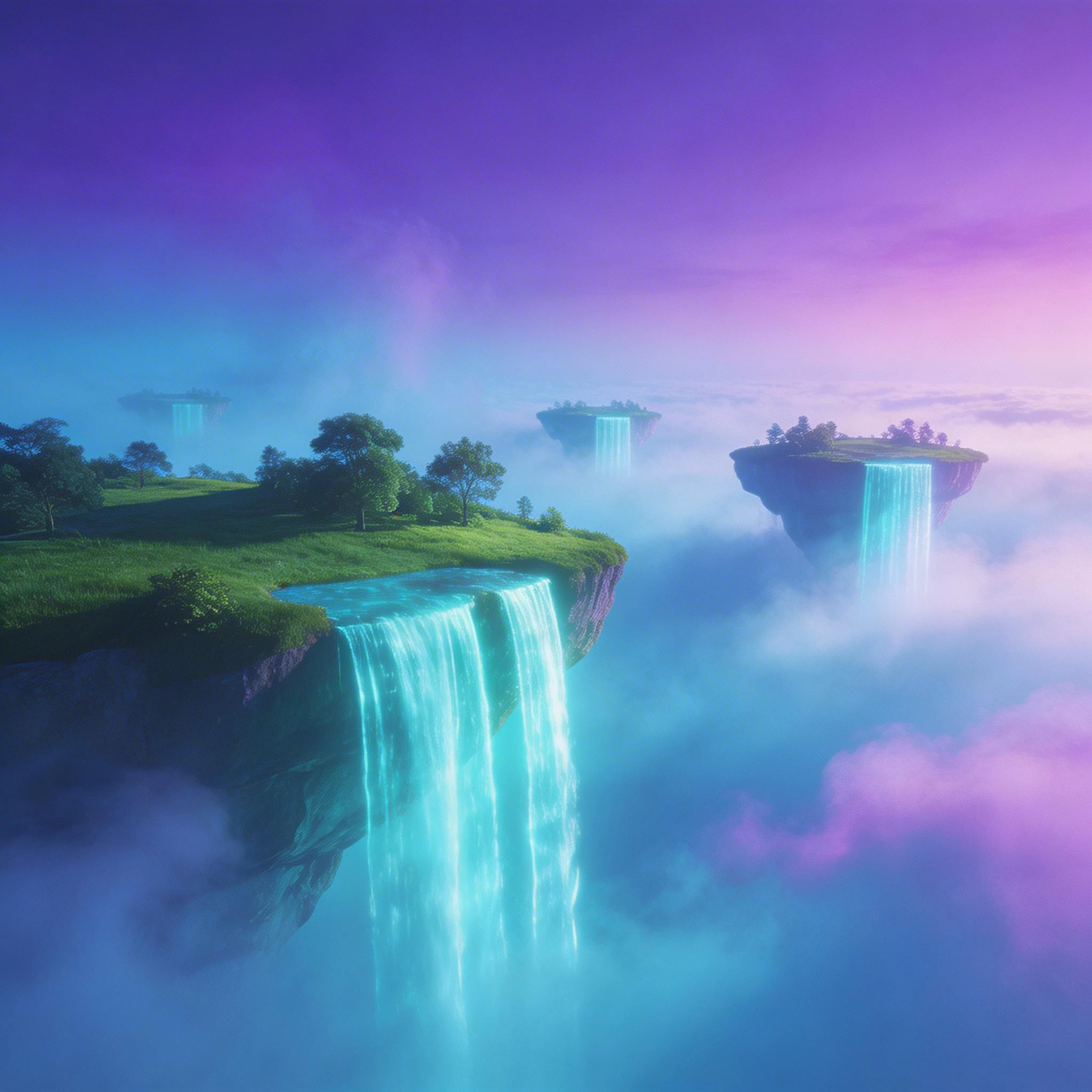 Floating Islands with Glowing Waterfalls in a Dreamy Sky