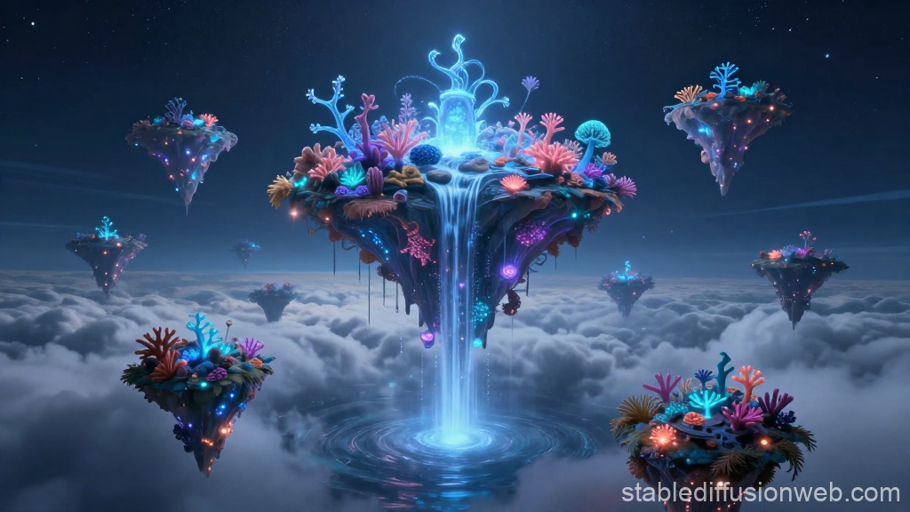 Floating Islands with Luminescent Coral and Waterfalls Above Clouds