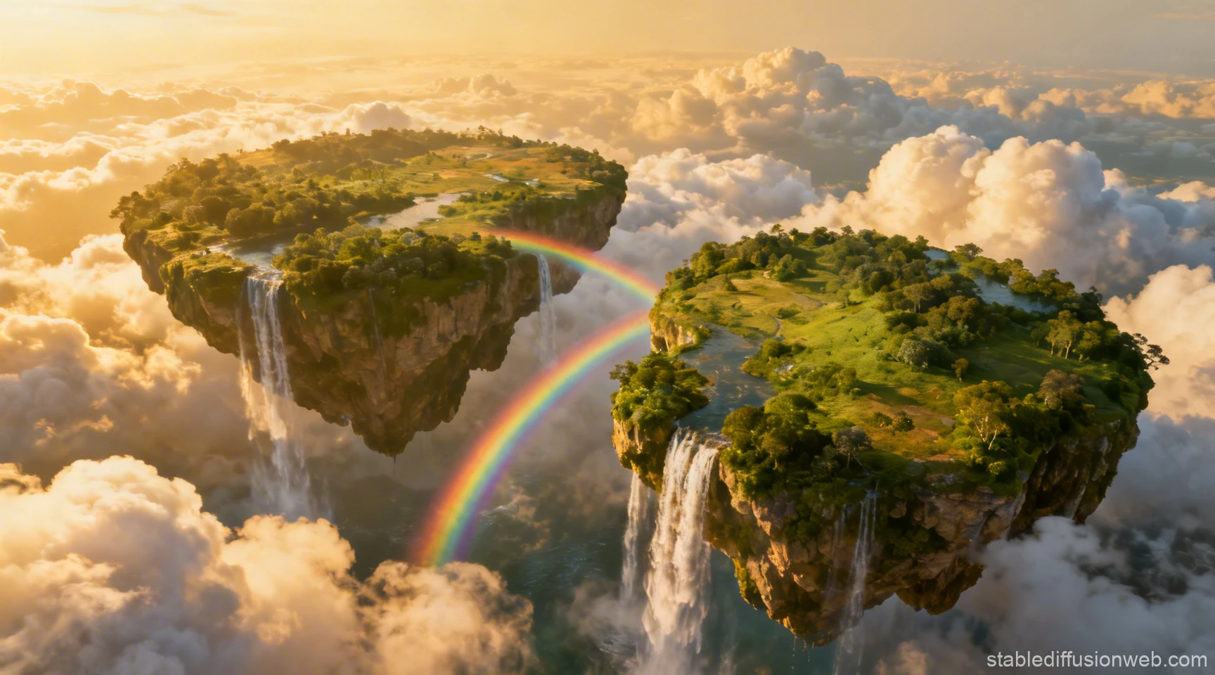 Floating Islands with Waterfalls and Rainbows in the Sky