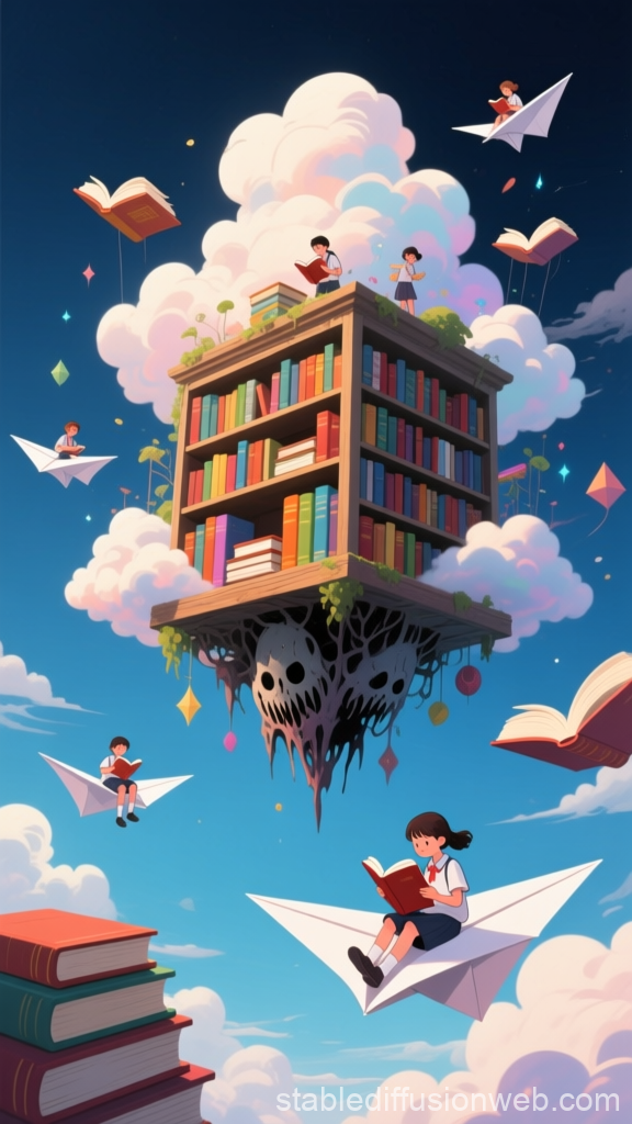 Floating Library with Children on Paper Airplanes