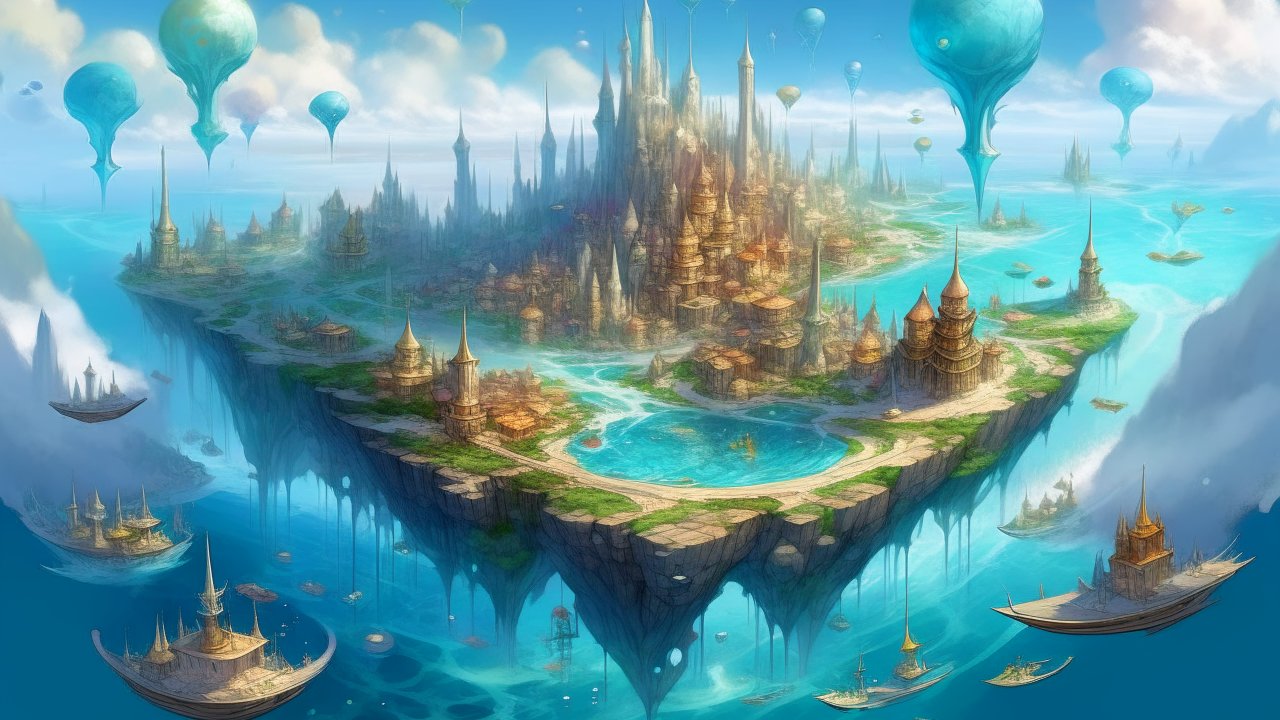 Floating Magical City with Towering Spires and Airborne Vessels