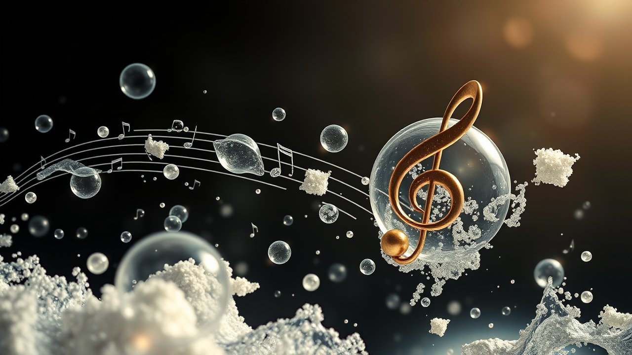 Floating Musical Notes and Treble Clef in Abstract Space