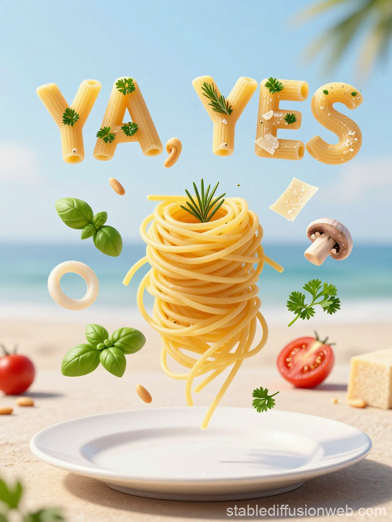 Floating Pasta Letters and Ingredients Over Plate by the Beach
