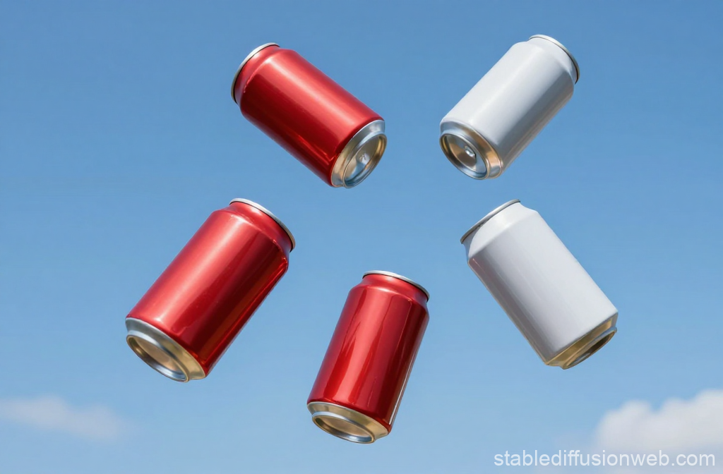 Floating Red and White Soda Cans Against Summer Sky