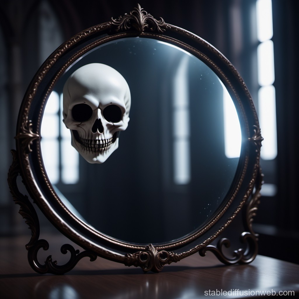 Floating Skull Reflected in Ornate Mirror