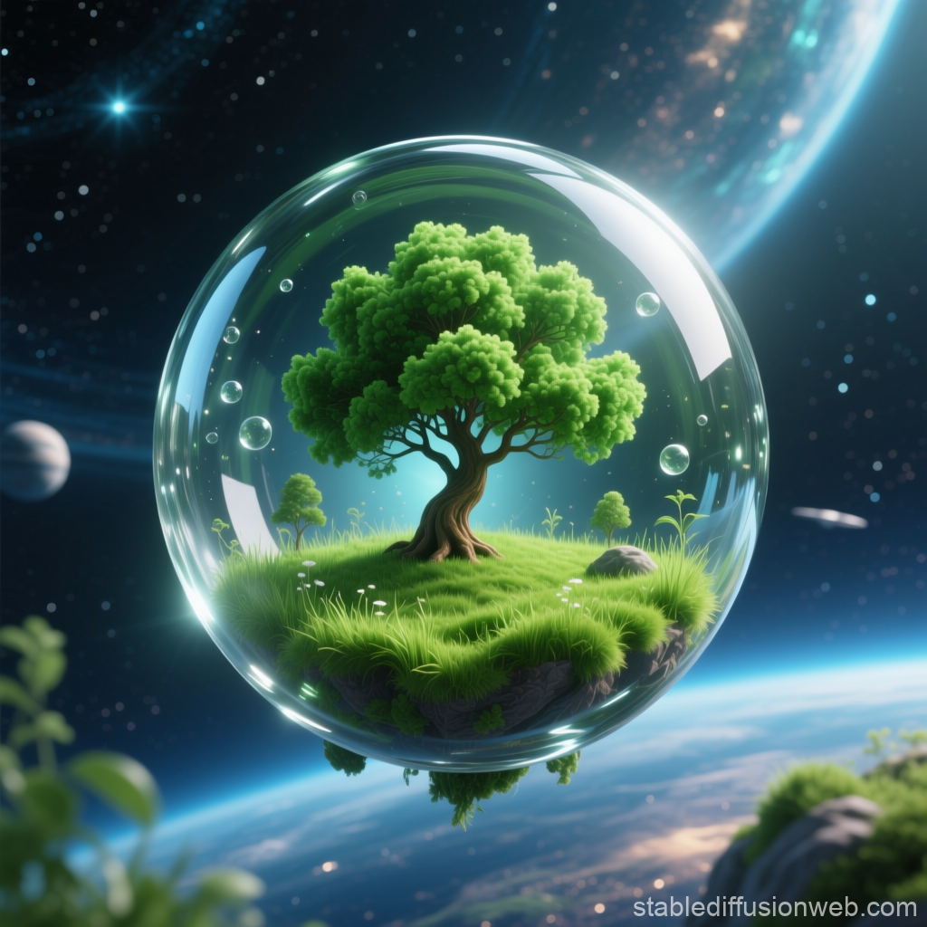 Floating Tree Island Encased in Glass Sphere in Space