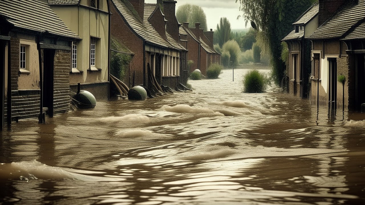 Flooded Village Street with Rising Water Levels