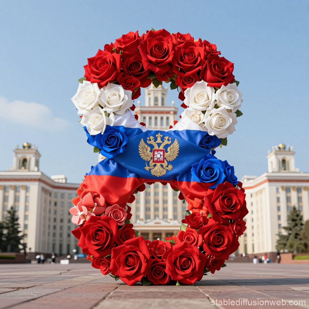 Floral Number 8 with Russian Flag and Roses in Front of Building
