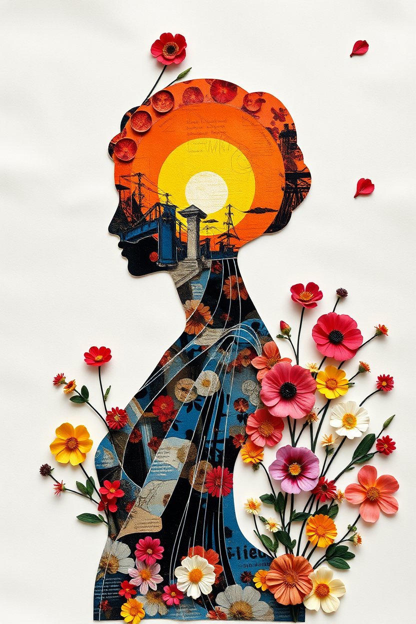 Floral Silhouette with Sunset and Urban Elements