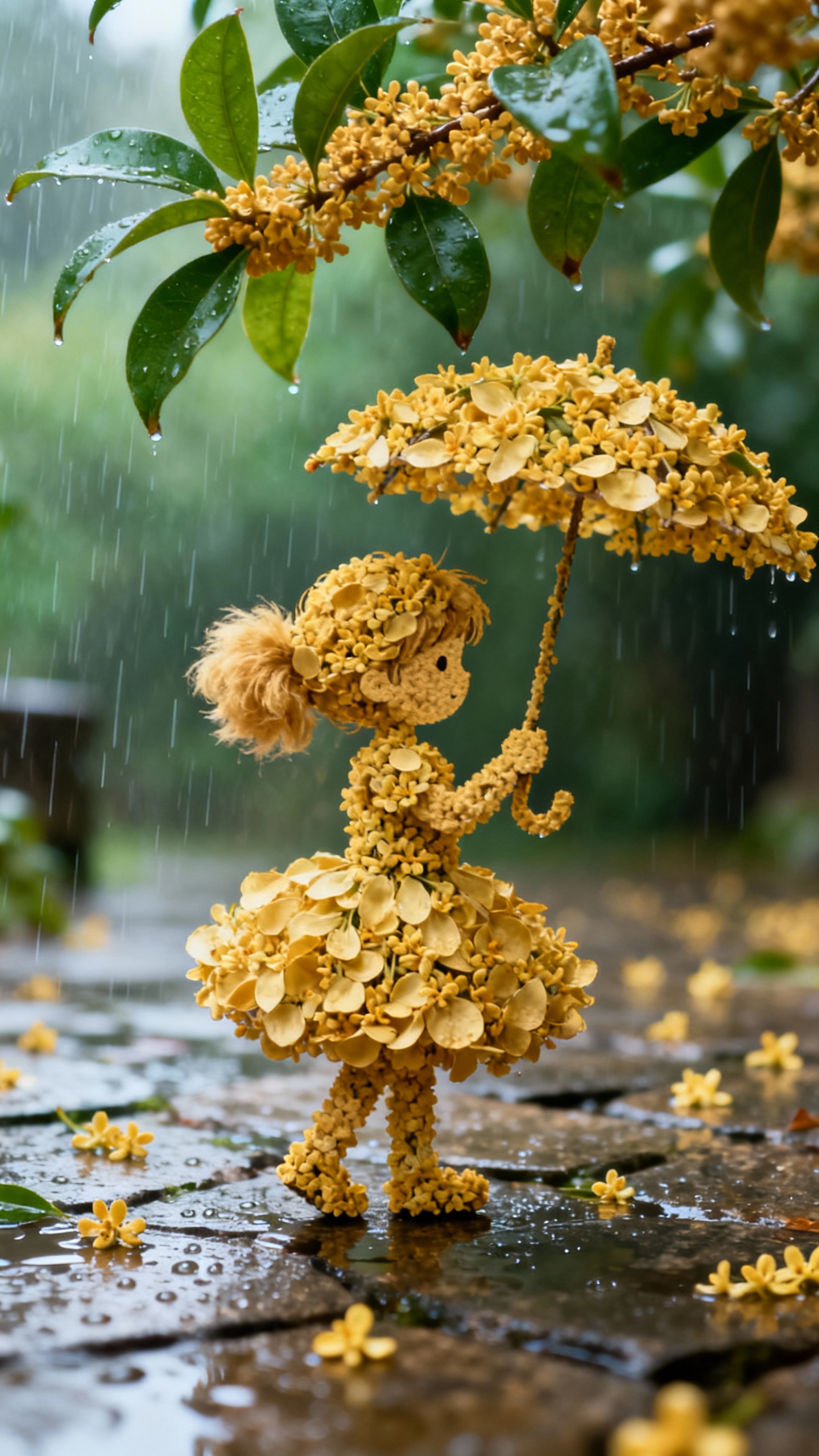 Flower Doll Holding Umbrella in Drizzling Rain