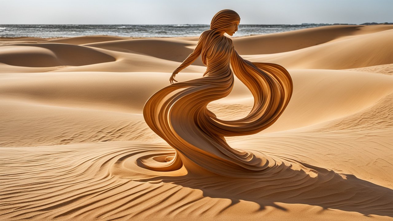 Flowing Sand Sculpture of a Dancing Woman in Desert