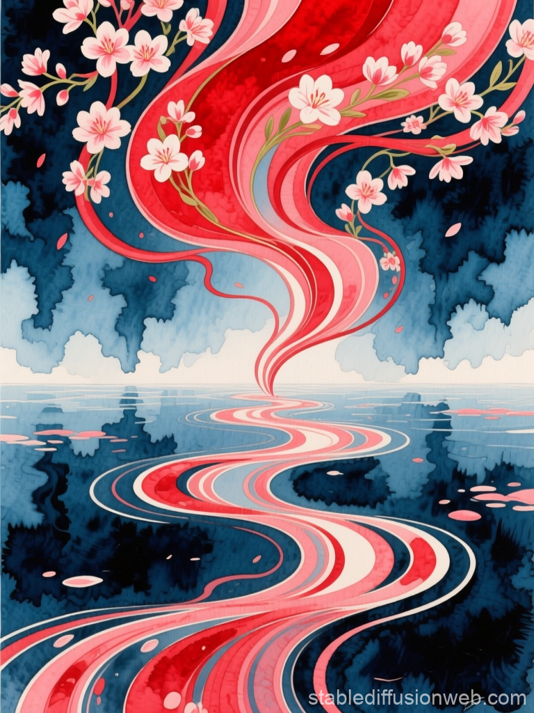 Flowing Scarlet Stream with Cherry Blossoms in Watercolor
