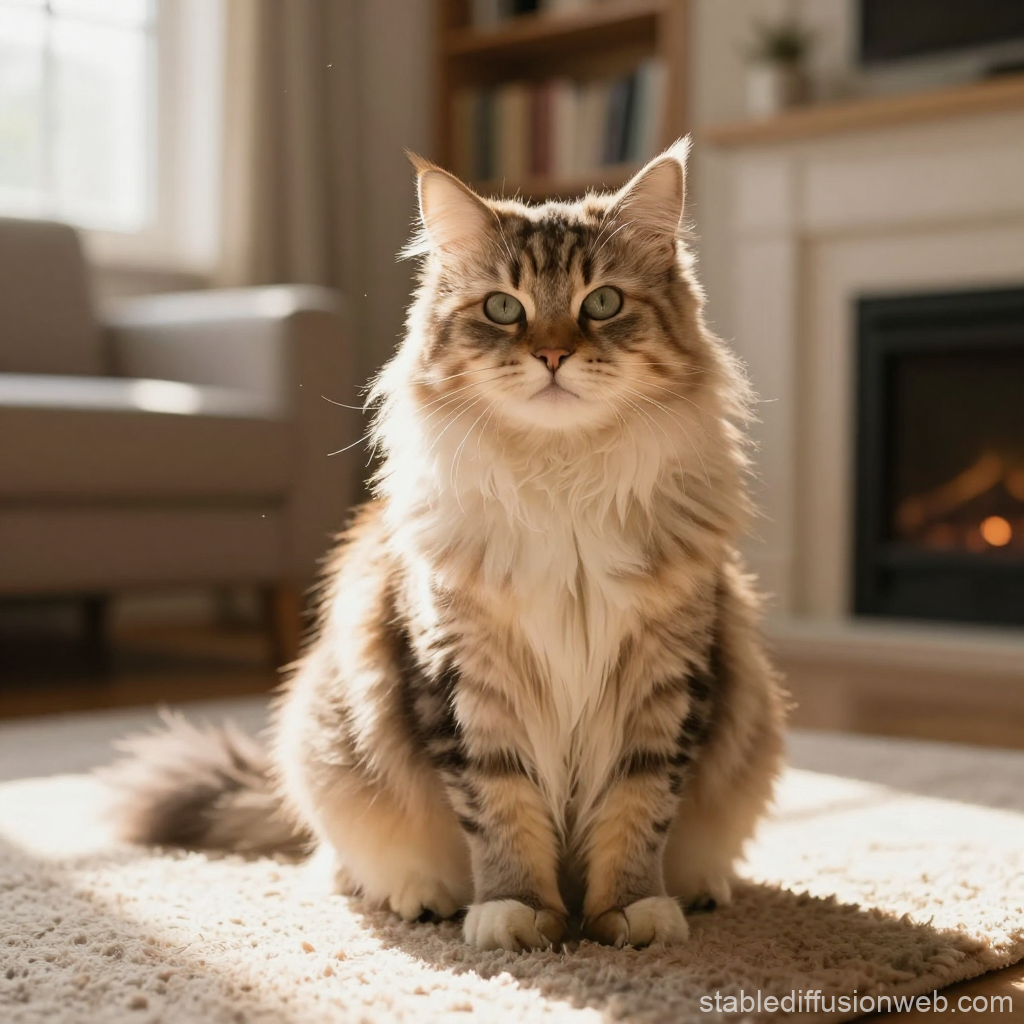 Fluffy Cat Bathed in Warm Golden Hour Light Indoors