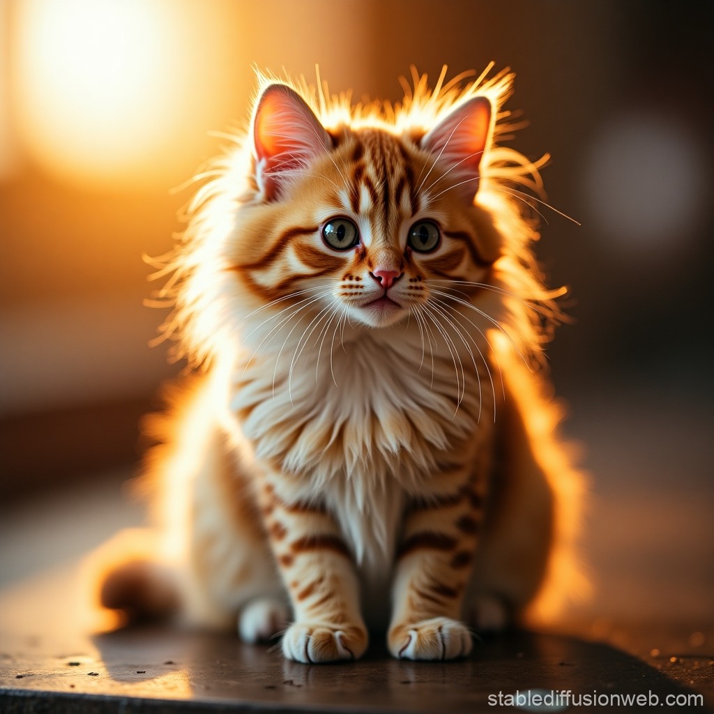 Fluffy Orange Tabby Kitten Bathed in Warm Sunset Light