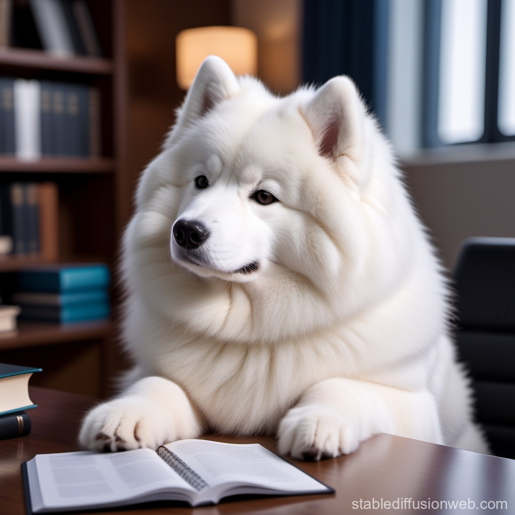 Fluffy White Samoyed Dog Reading a Book Indoors