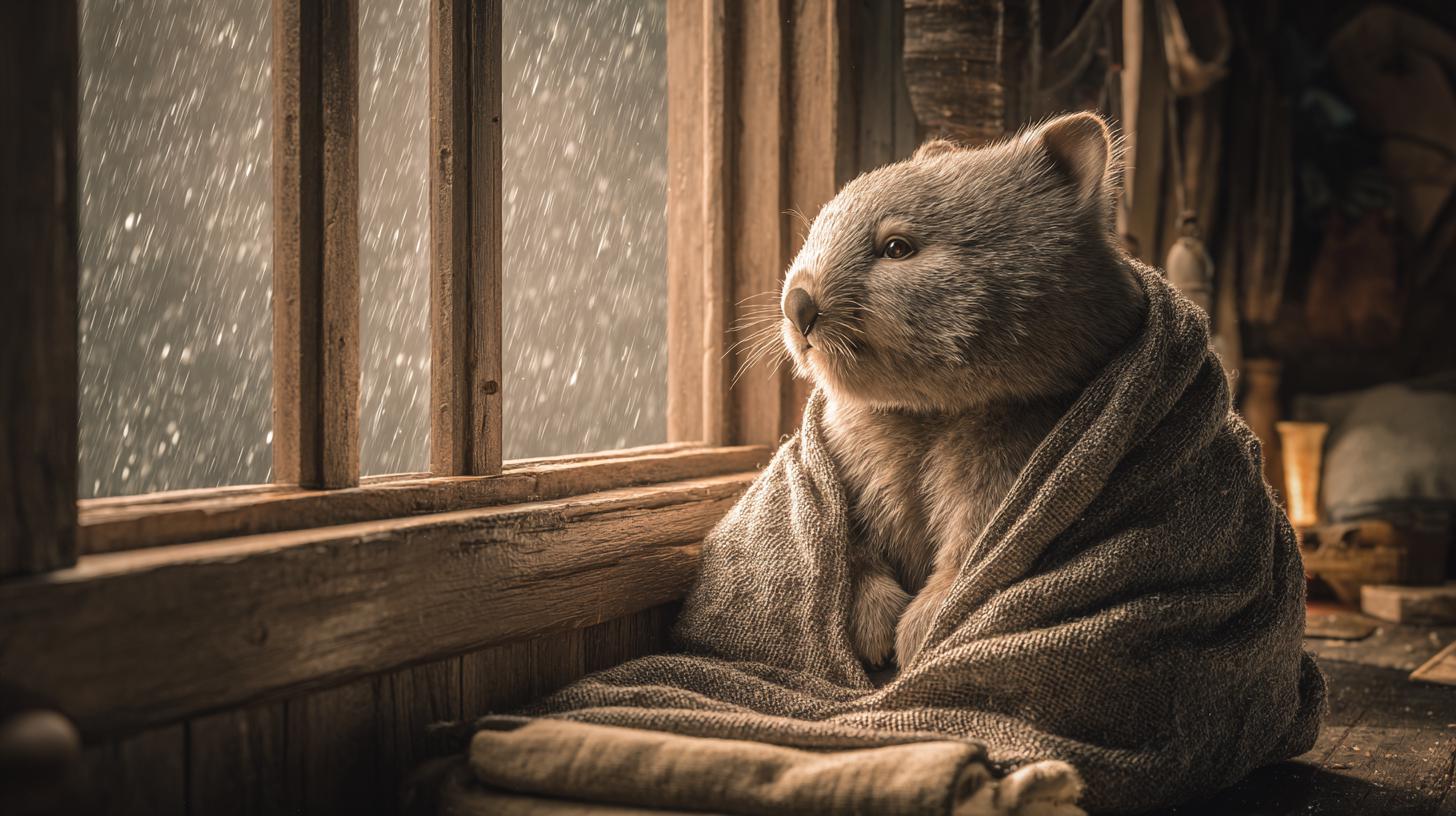 Fluffy Wombat Wrapped in Blanket by Rainy Window