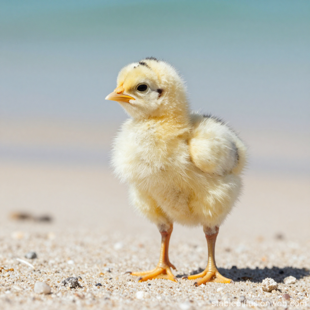 Fluffy Yellow Chick Standing on Sandy Beach
