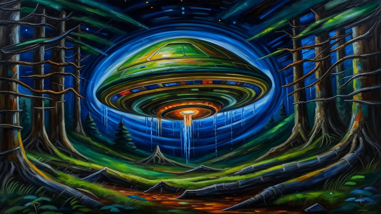 Fluorescent UFO Hovering in a Mystical Forest