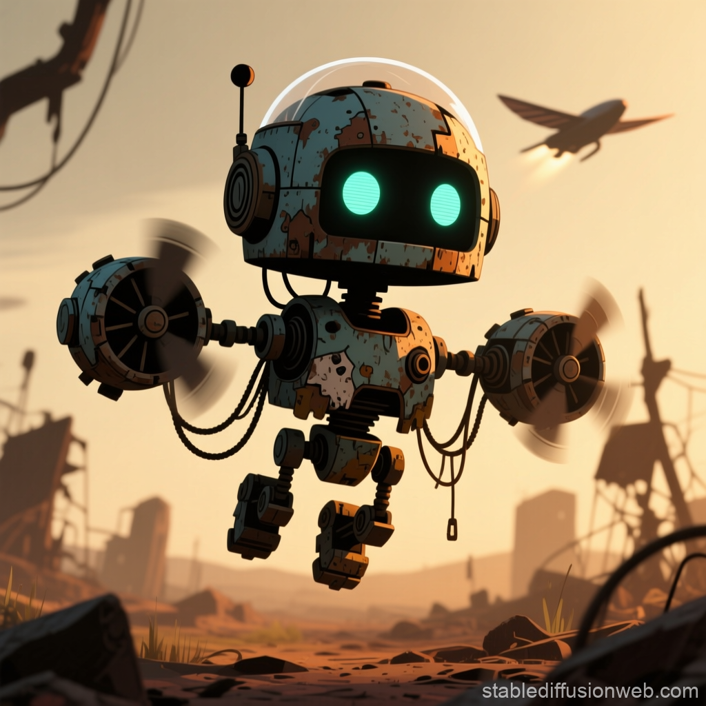 Flying Archivist Robot in a Post-Apocalyptic Landscape