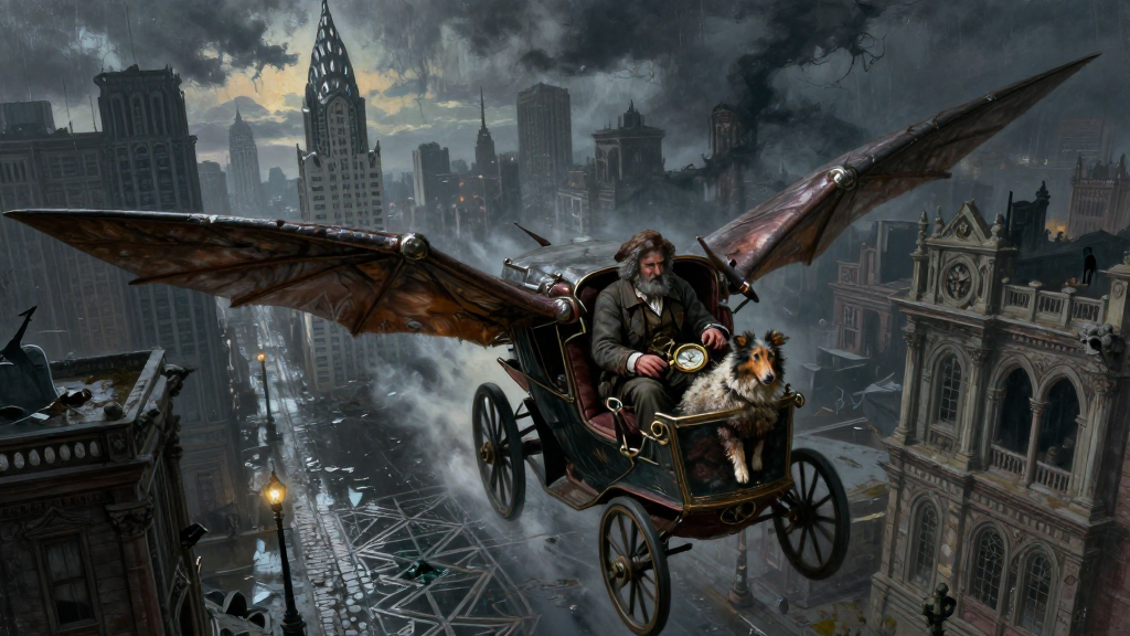 Flying Flivver Over a Decaying Cityscape