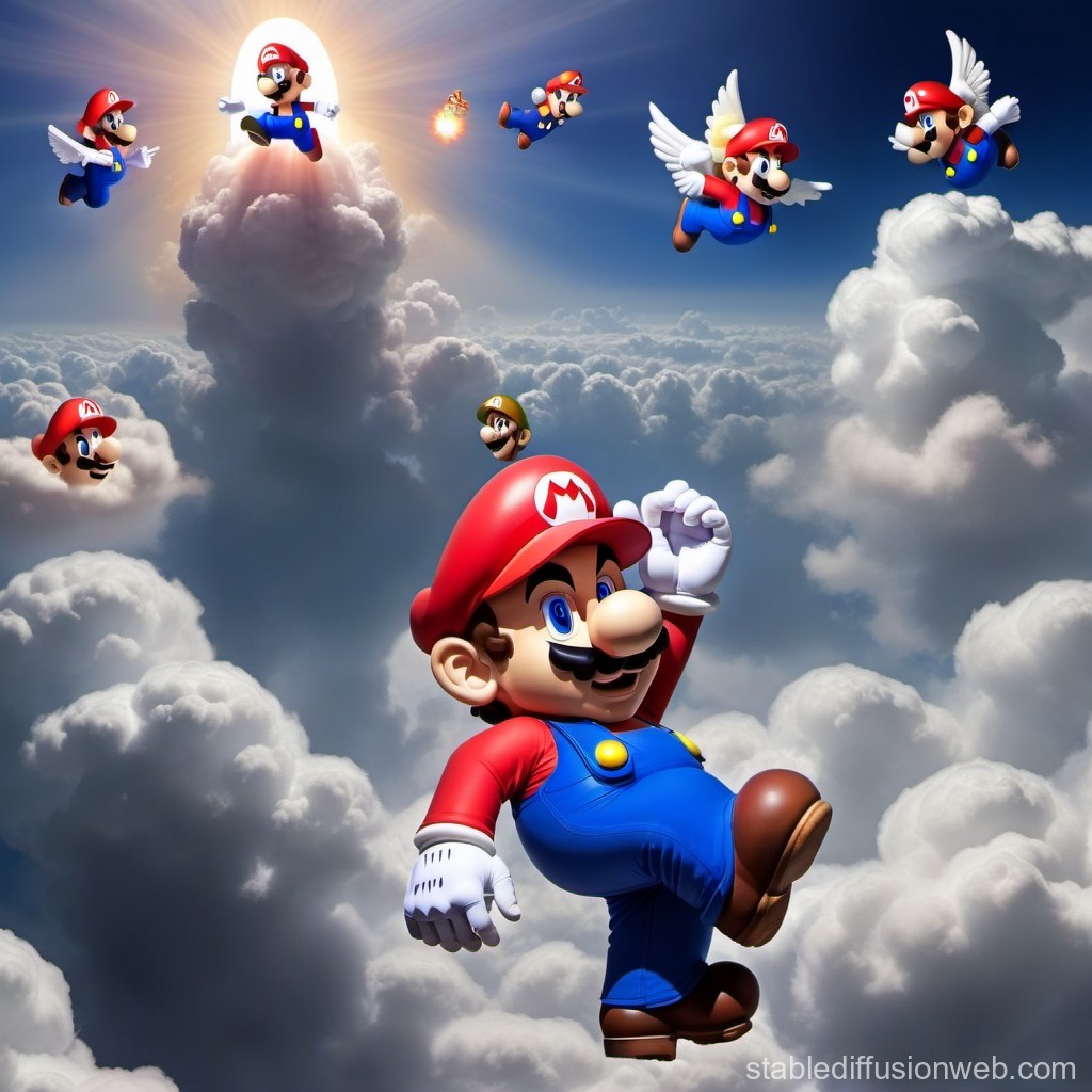 Flying Mario Characters in a Cloudy Sky
