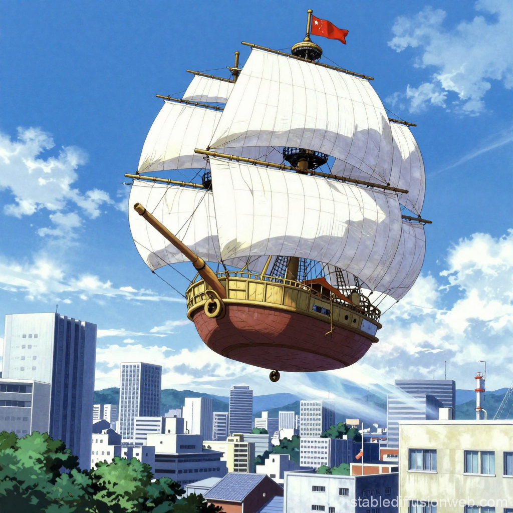 Flying Sail Ship Over Modern Cityscape