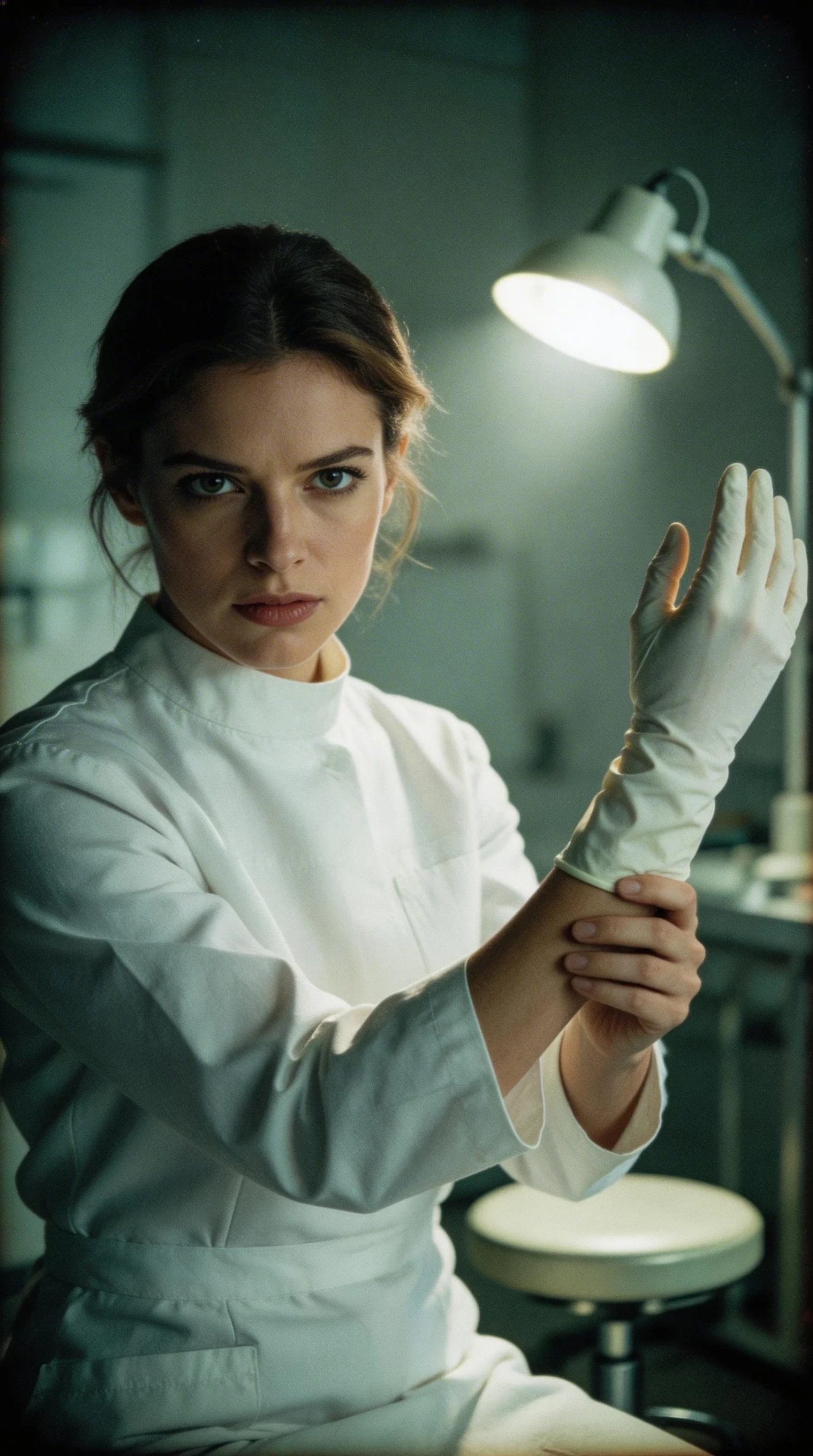 Focused Female Doctor Wearing Medical Gloves