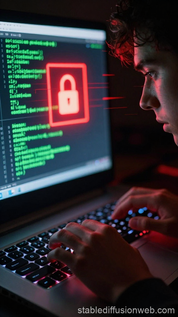 Focused Hacker Typing with Digital Lock Security Alert