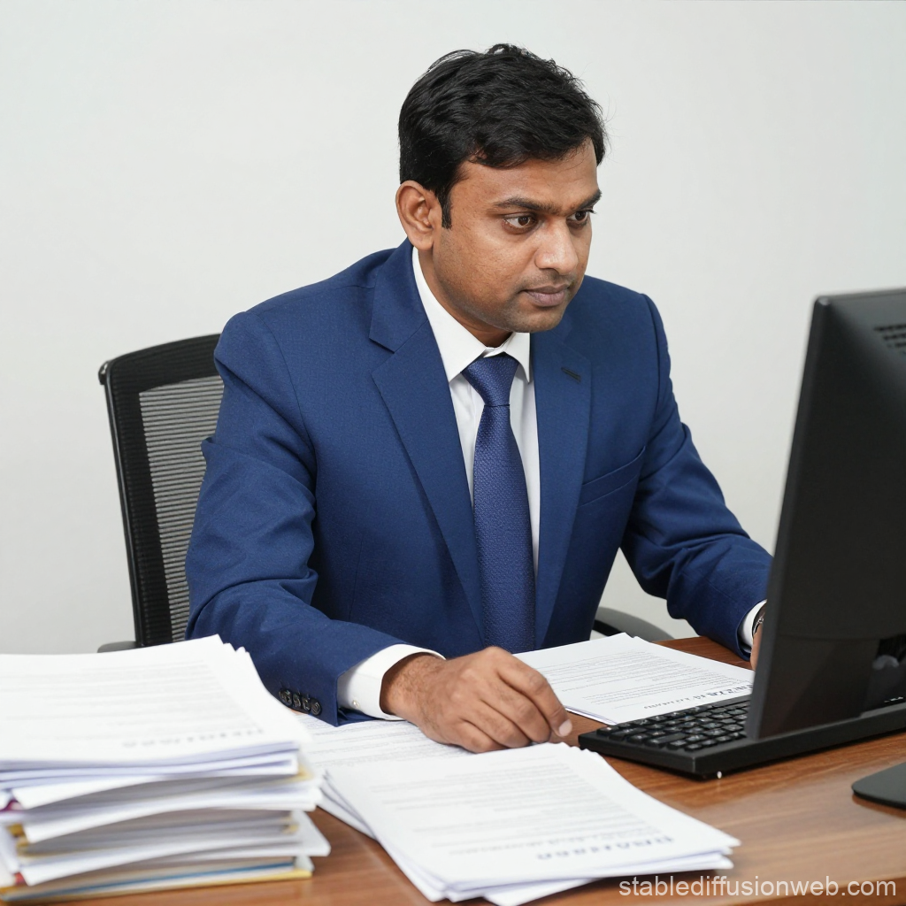 Focused Indian Businessman Working at Desk with Documents