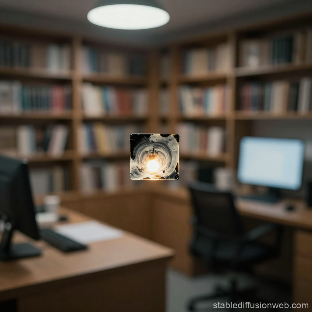 Focused Light Through a Small Glass Cube in a Cozy Office
