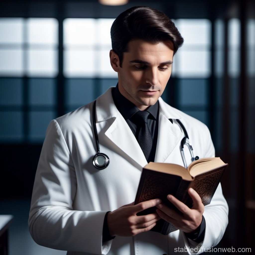 Focused Male Doctor Reading Medical Book in Clinic