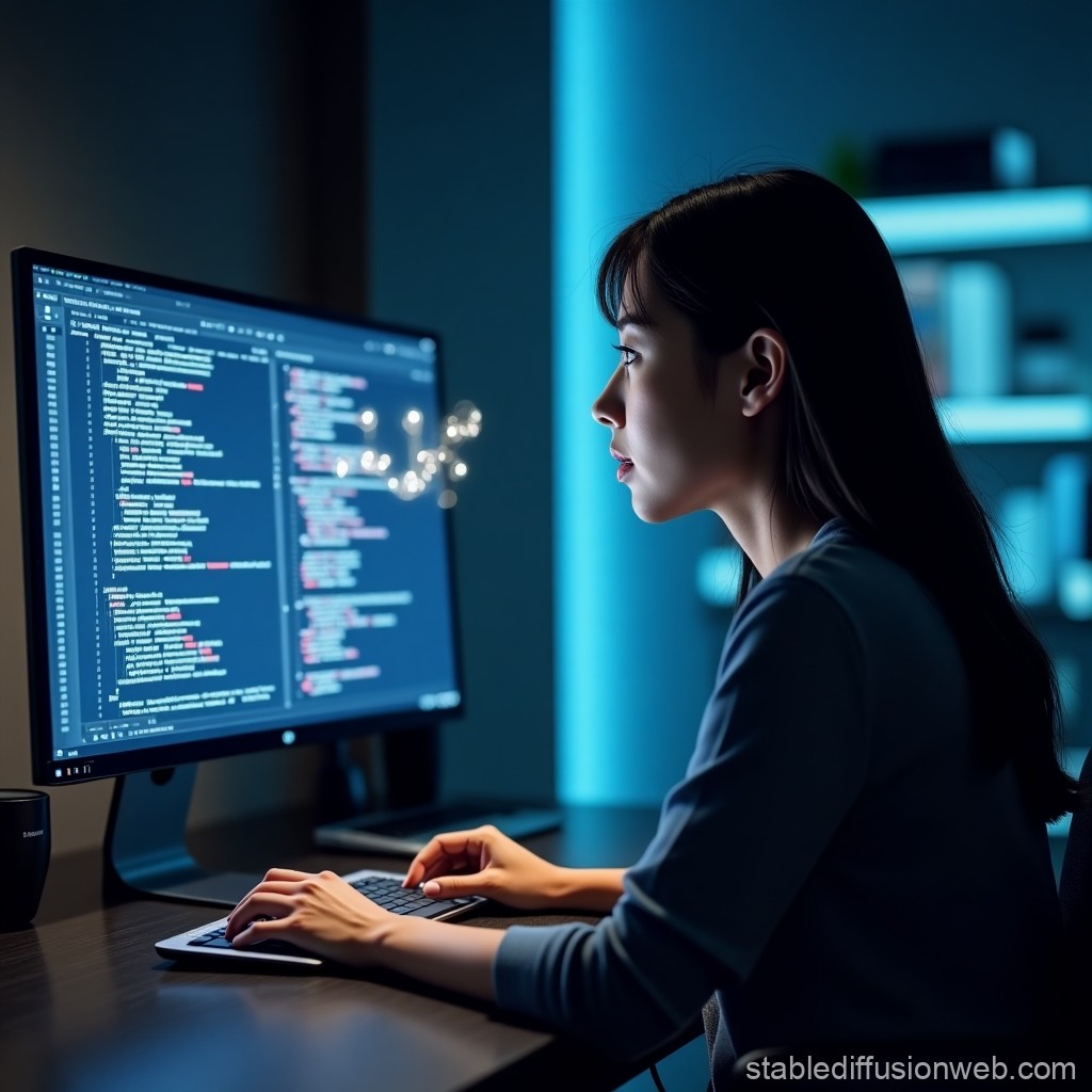 Focused Woman Coding Late at Night on Desktop Computer