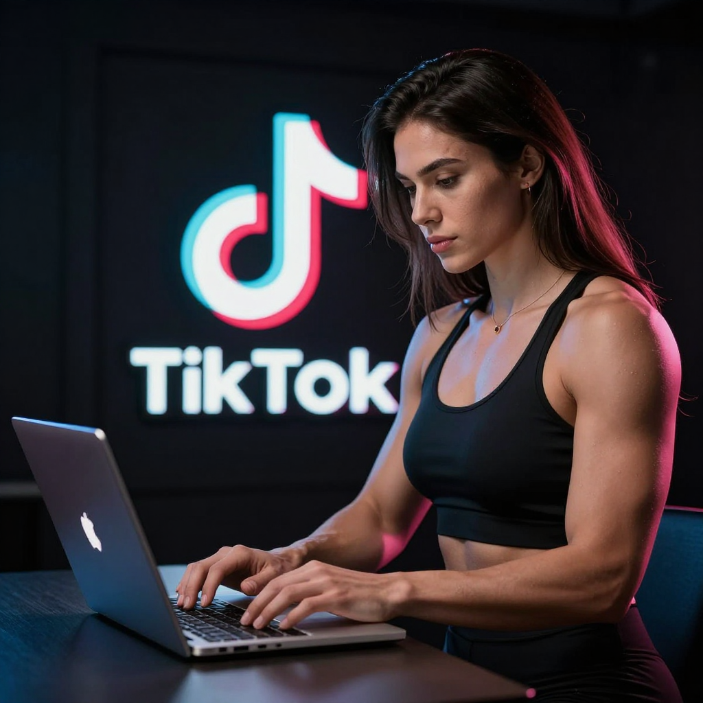 Focused Woman Working on Laptop with TikTok Logo