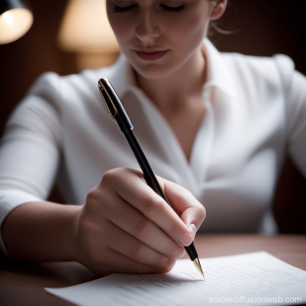 Focused Woman Writing with Elegant Pen