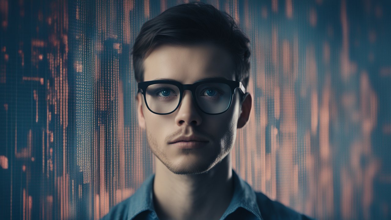 Focused Young Developer with Digital Code Background