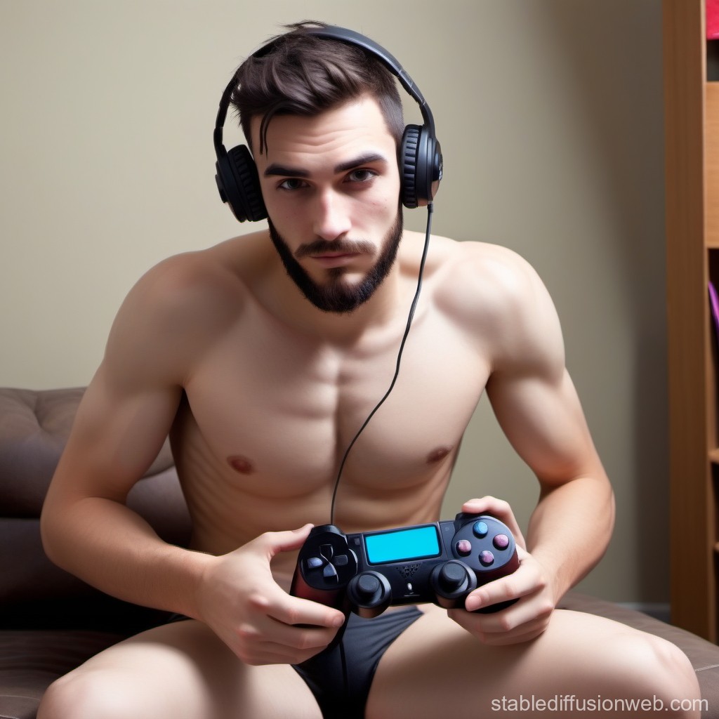 Focused Young Man Playing Video Games with Headphones