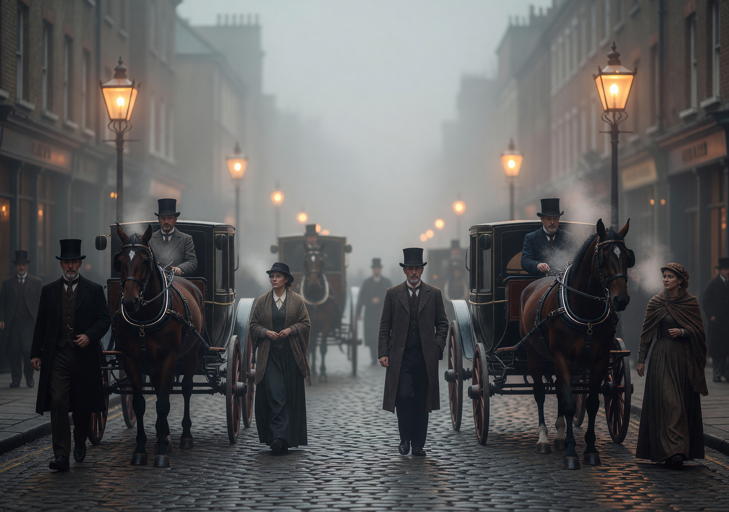 Foggy 1890s London Street with Carriages and Gaslights