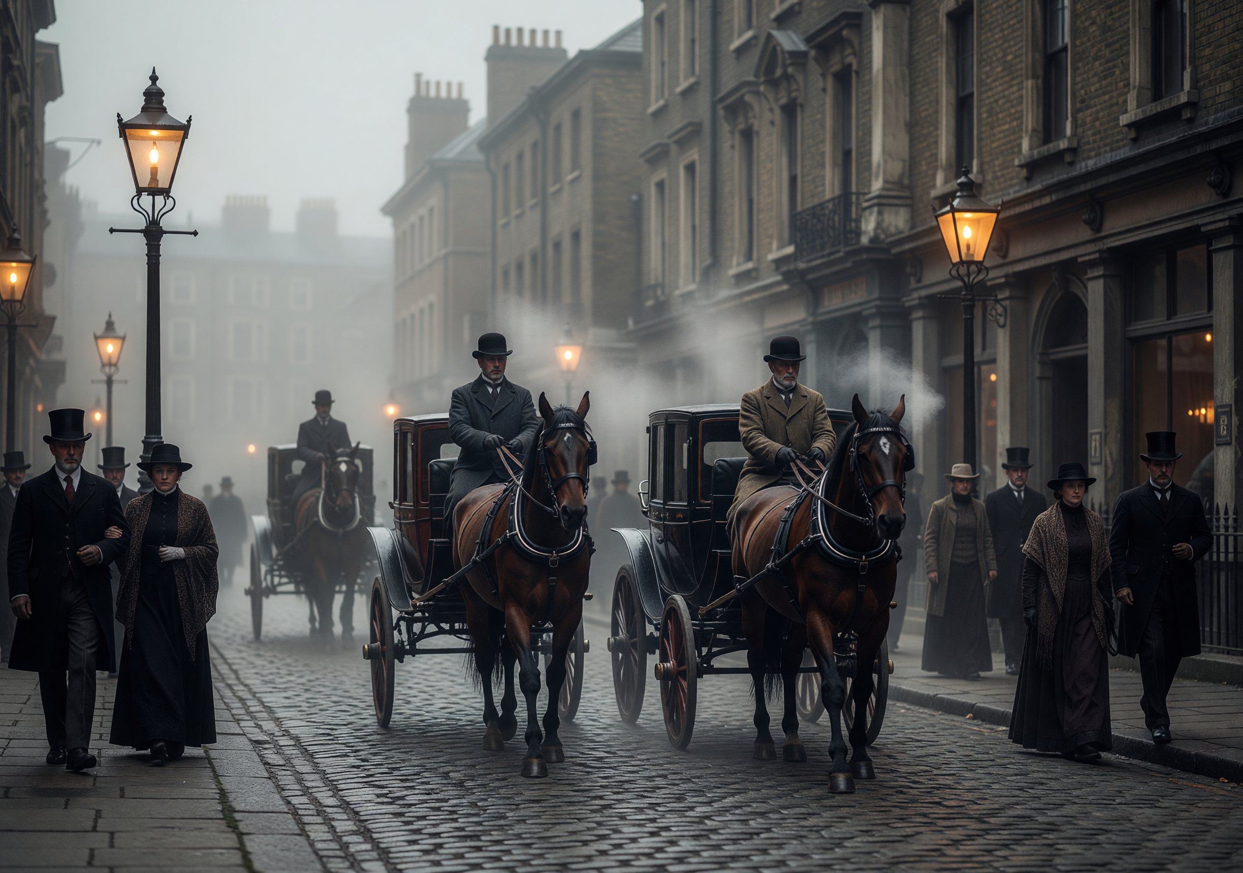 Foggy 1890s London Street with Gaslit Carriages